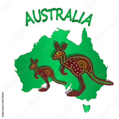 Map of Australia with two kangaroo isolated on white background. Australian continent. Australia Aboriginal day. Naidoc week. Union jack. Reconciliation Day. Travel to australia poster design. Vector