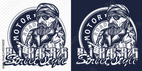Bikers, street style slogan. Lifestyle of racers t-shirt design. Bearded biker man, rider moto sport art. One color vector