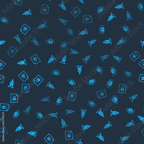 Set Electric scooter, Cyber security, Scooter and Document and lock on seamless pattern. Vector.