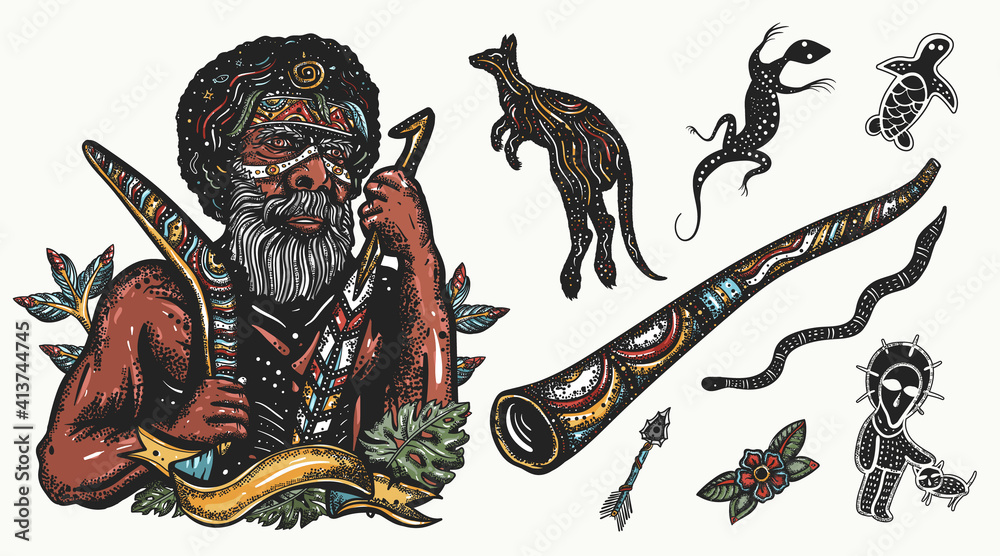 Australia. Ethnic Australian aboriginal tribes bushmen. Kangaroo and