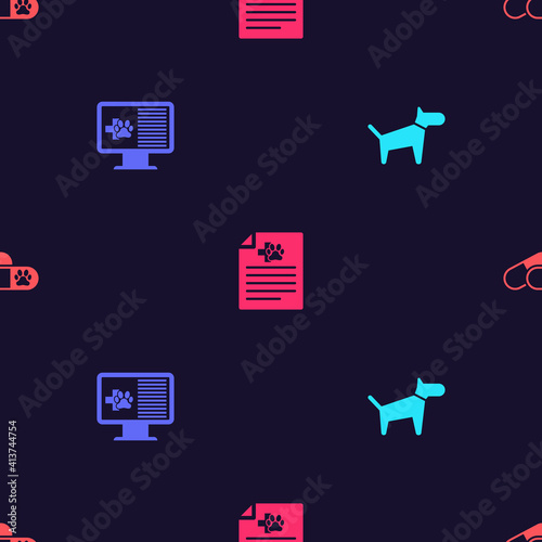 Set Dog, Clinical record pet on monitor, Medical certificate for dog cat and and pills on seamless pattern. Vector.
