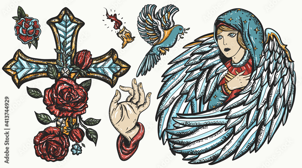 Girl Angel Illustration Traditional Tattoo Flash Stock Illustration   Illustration of ornate coloring 179347639