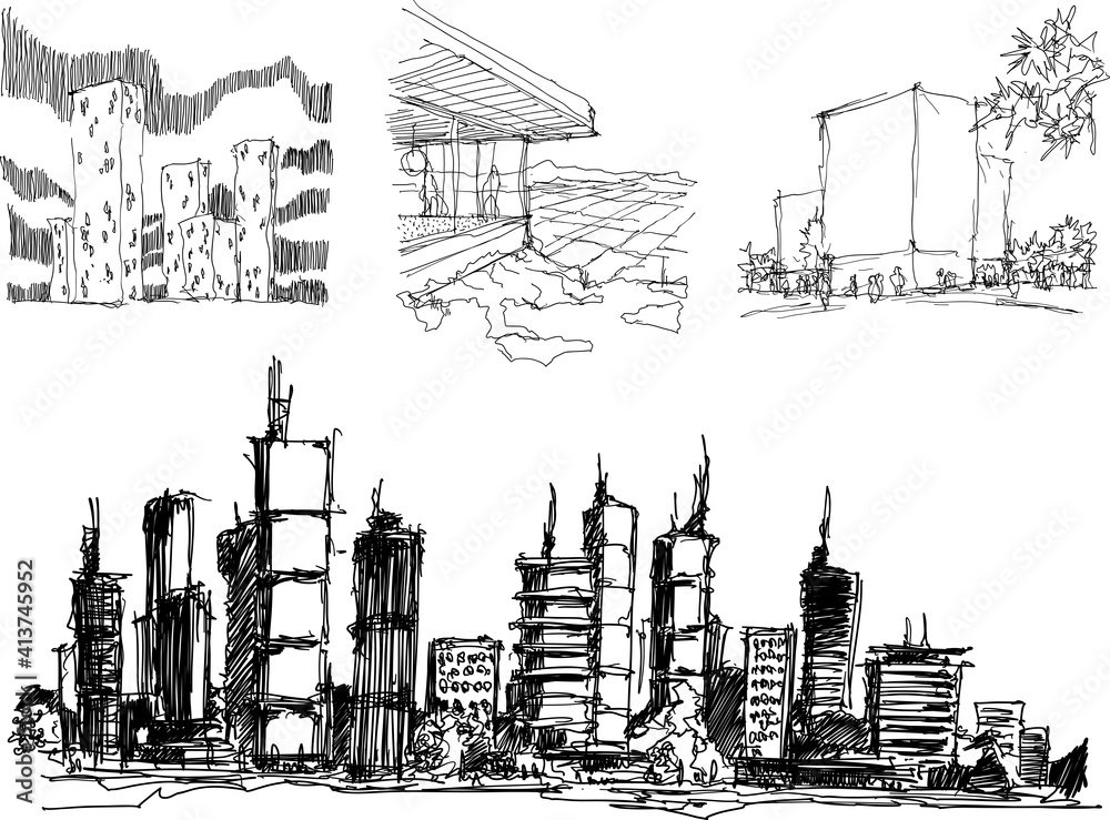 four hand drawn architectural sketches of a modern city with high buildings and people in the streets