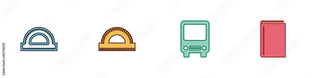 Set Protractor grid, , Bus and Book icon. Vector. Set Protractor grid, , Bus and Book icon. Vector.