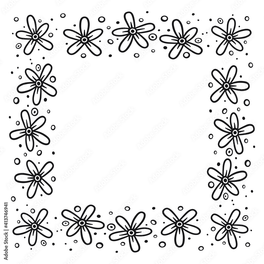 Square border with flowers, 1. Vector illustration in black line on white background of a square frame of flowers.