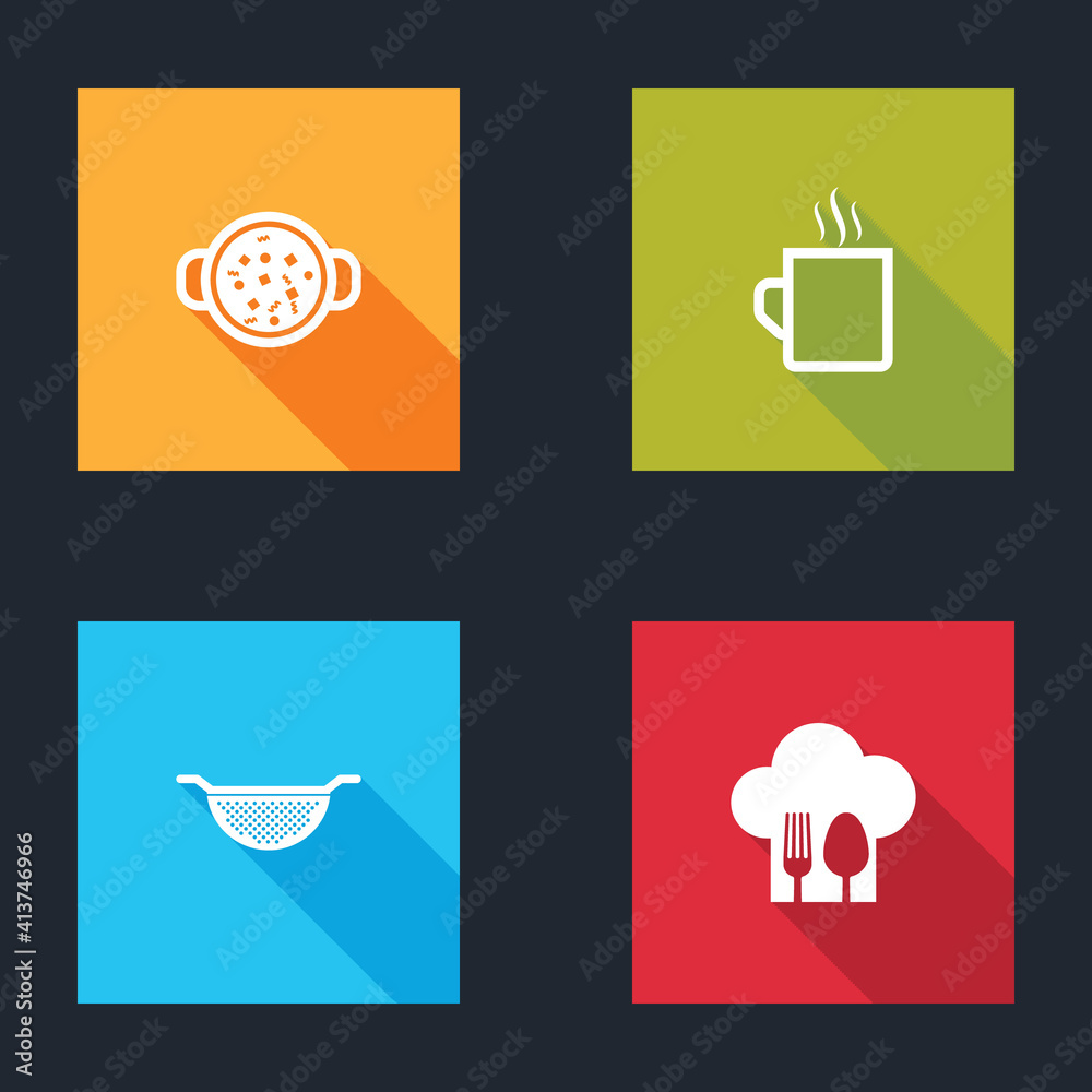 Set Cooking soup in pot, Coffee cup, Kitchen colander and Chef hat with fork spoon icon. Vector. Set Cooking soup in pot, Coffee cup, Kitchen colander and Chef hat with fork spoon icon. Vector.