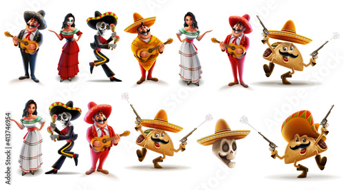set of cheerful cartoon characters Mexico