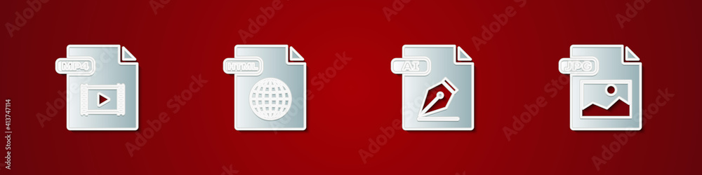 Set MP4 file document, HTML, AI and JPG icon. Vector. Set MP4 file document, HTML, AI and JPG icon. Vector.