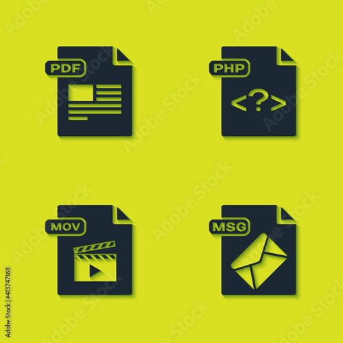 Set PDF file document, MSG, MOV and PHP icon. Vector.
