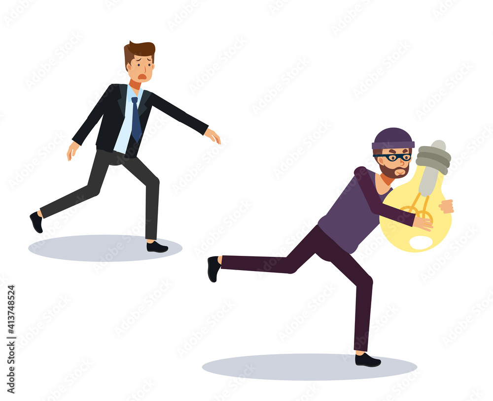 Thief stealing Idea from businessman. Flat Vector cartoon character, business concept