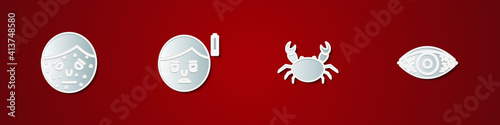Set Face with psoriasis or eczema, Fatigue, Crab and Reddish eye allergic conjunctivitis icon. Vector.