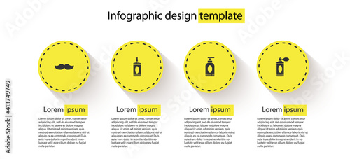 Set Mustache, Bottle of shampoo, Cream or lotion cosmetic tube and Aftershave bottle with atomizer. Business infographic template. Vector.