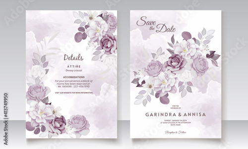  Beautiful purple  floral hand drawn wedding invitation card Premium Vector