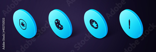 Set Isometric Marijuana joint, Herbal ecstasy tablets, Cookies with marijuana and Shield and leaf icon. Vector.