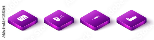 Set Isometric Pills in blister pack, Test tube and flask, Syringe and Inhaler icon. Vector.