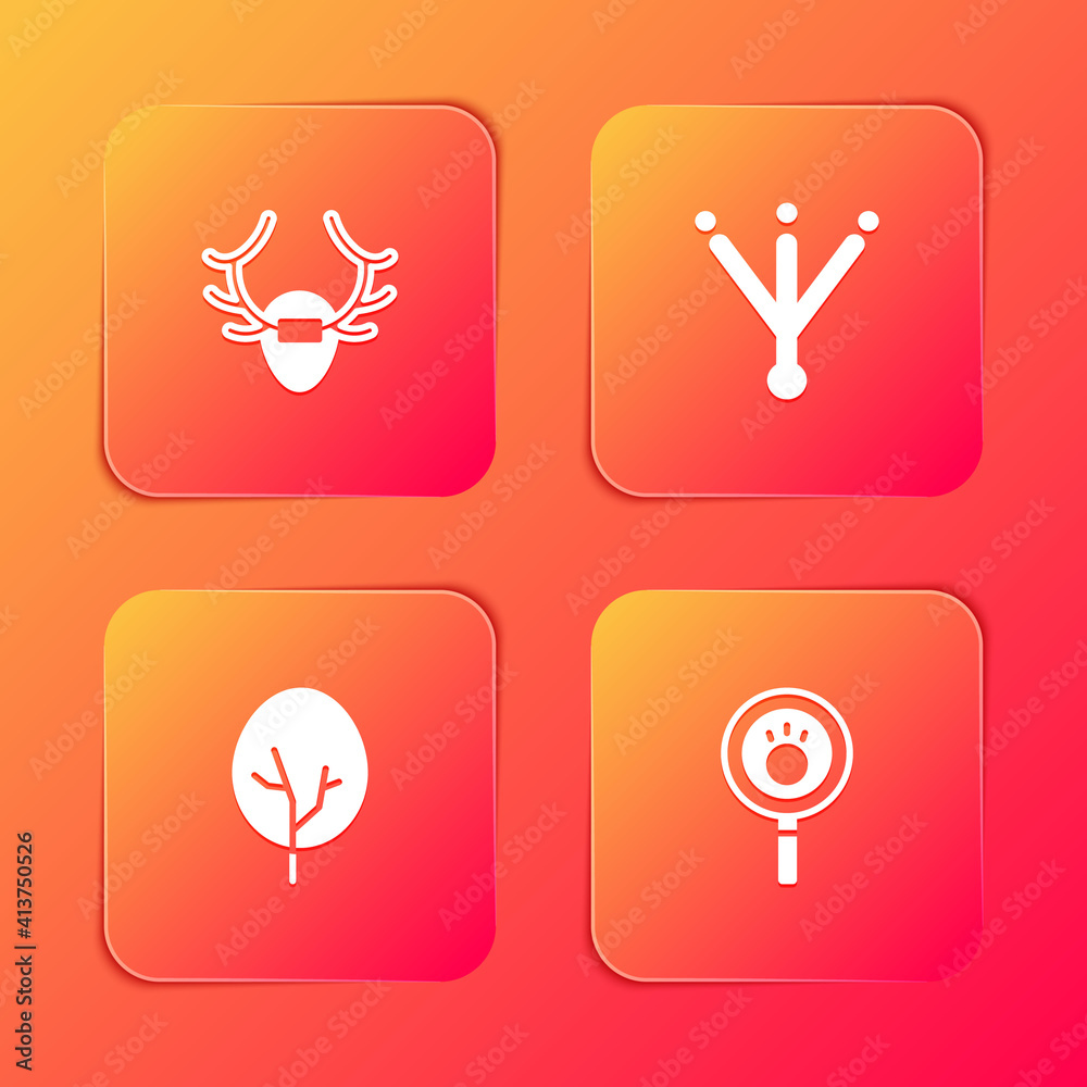 Set Deer antlers on shield, Bird footprint, Tree and Paw search icon. Vector. Set Deer antlers on shield, Bird footprint, Tree and Paw search icon. Vector.