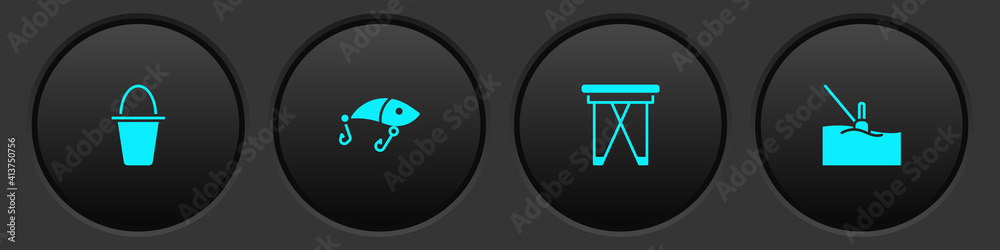 Set Fishing bucket, lure, Folding chair and float water icon. Vector. Set Fishing bucket, lure, Folding chair and float water icon. Vector.