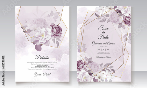  Beautiful purple  floral hand drawn wedding invitation card Premium Vector