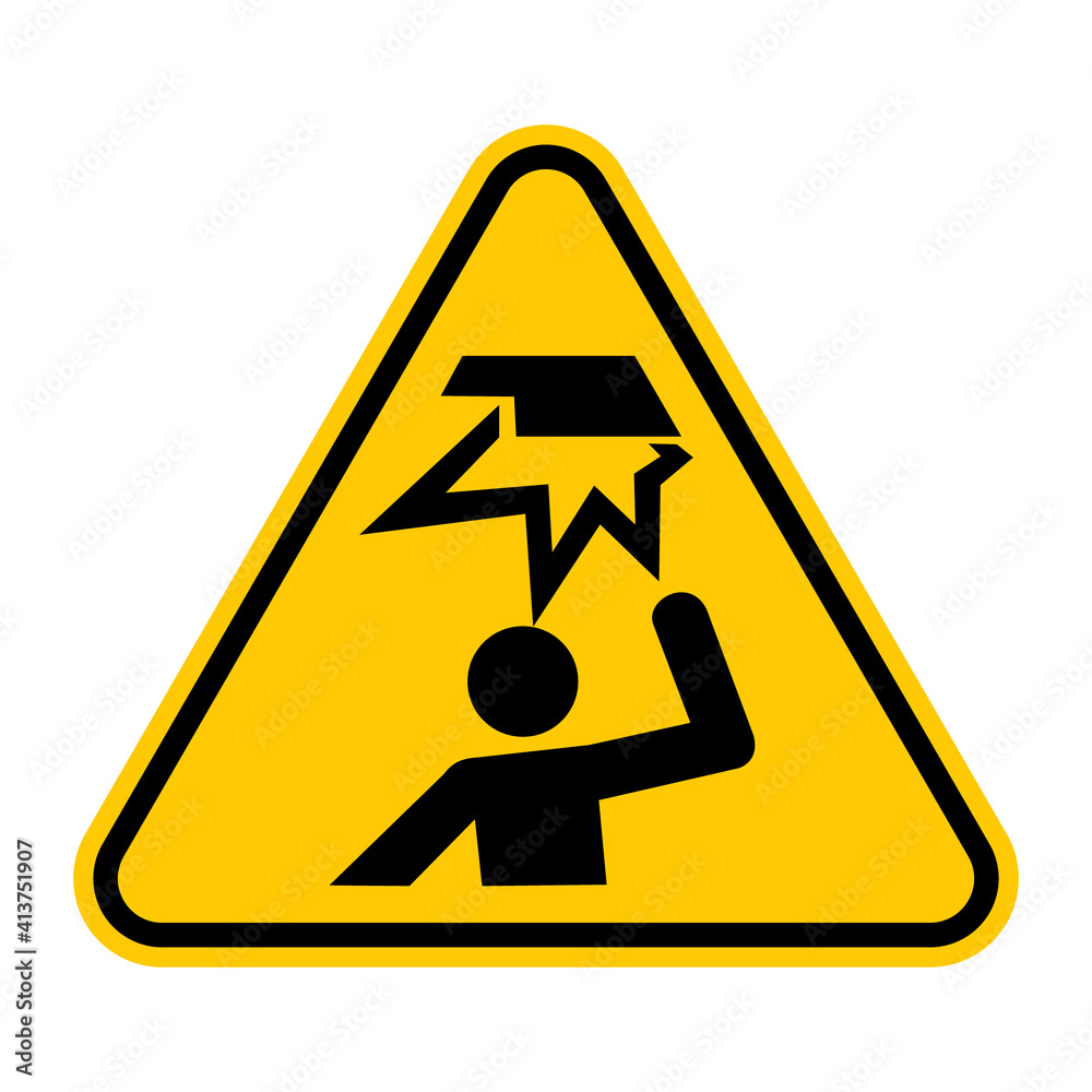 Caution overhead obstacle sign. Vector illustration of yellow triangle warning sign with human figure hits his head in obstacle. Risk of injury or death. Dangerous zone. Safety signs symbol. Caution overhead obstacle sign. Vector illustration of yellow triangle warning sign with human figure hits his head in obstacle. Risk of injury or death. Dangerous zone. Safety signs symbol.