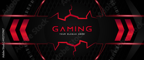 Futuristic red and black abstract gaming banner design template with metal technology concept. Vector illustration for business corporate promotion, game header social media, live streaming background