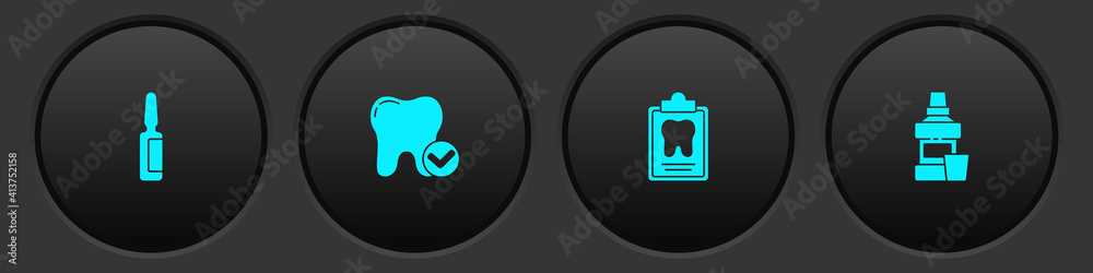 Set Painkiller tablet, Tooth whitening concept, Dental card and Mouthwash bottle icon. Vector. Set Painkiller tablet, Tooth whitening concept, Dental card and Mouthwash bottle icon. Vector.