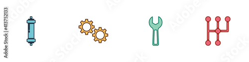 Set Shock absorber, Gear, Wrench spanner and shifter icon. Vector.