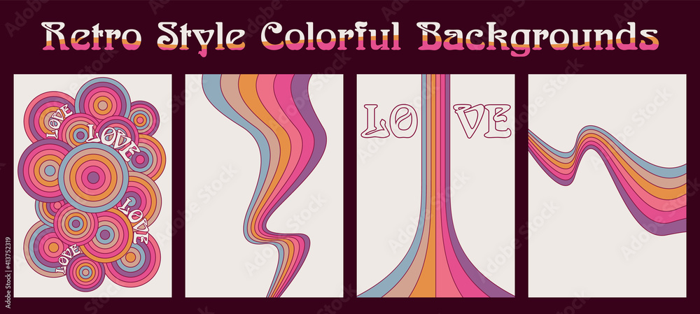 Retro Style Colorful Backgrounds, Vintage Color Wavy Lines and Circles