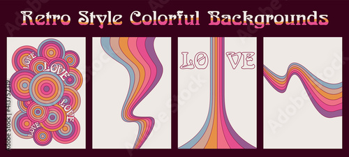 Retro Style Colorful Backgrounds, Vintage Color Wavy Lines and Circles