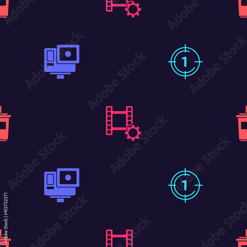 Set Old film movie countdown frame, Action extreme camera, Play Video and Paper glass with water on seamless pattern. Vector.