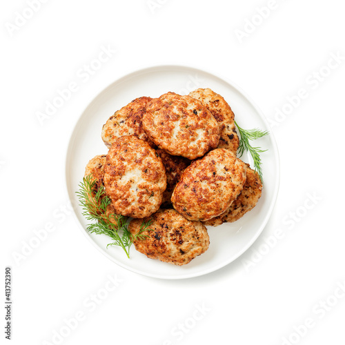 Juicy homemade cutlets with beef, pork or chicken meat isolated on white background.  top view