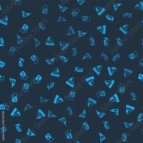 Set Bottle of olive oil, Yacht sailboat, Churros and chocolate and Sangria on seamless pattern. Vector.