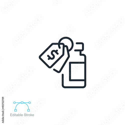 Vaccine cost, dollar, tag, bottle line icon. Price, Vaccination program, immunization medical health.  Vaccine bottle dollar sign Editable stroke vector illustration design on white background EPS 10