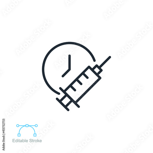 Vaccine time schedule, clock line icon. Vaccination Medical Syringe symbol. Medication injection Covid-19, coronavirus pandemic, immunization Editable stroke vector illustration design EPS 10