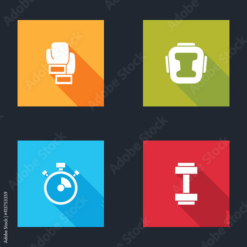 Set Boxing glove, helmet, Stopwatch and Dumbbell icon. Vector.