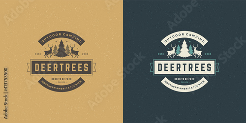 Forest camping logo emblem summer vacation vector illustration deers and pine tree silhouettes