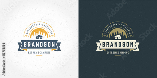 Forest camping logo emblem vector summer camping illustration mountains with cabin and pine trees silhouettes