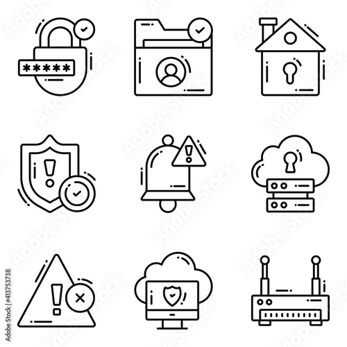 Protection and security vector line icons set cyber computer network business data technology