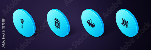 Set Isometric Cake, Flour bowl, Jar of honey and Kitchen whisk icon. Vector.