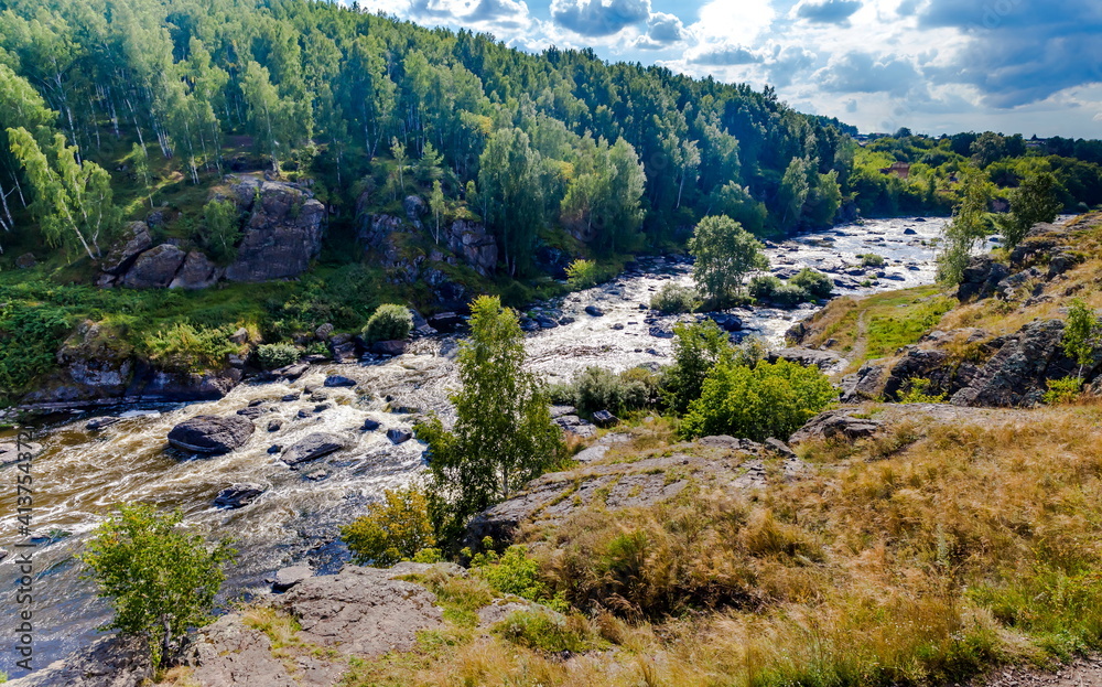 Fast river with rocky banks, overgrown with trees in summer