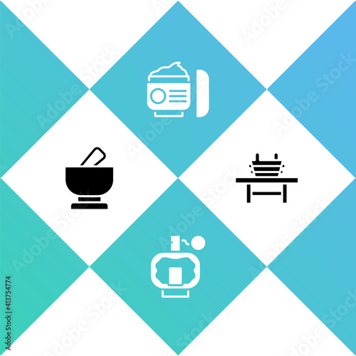 Set Mortar and pestle, Aftershave, Cream lotion cosmetic tube and Sauna bench with bucket icon. Vector.