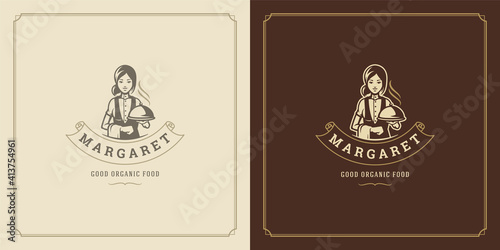 Restaurant logo design vector illustration waitress holding cloche tray silhouette