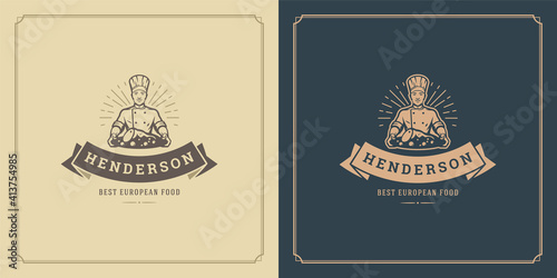 Restaurant logo design vector illustration chef man holding dish silhouette