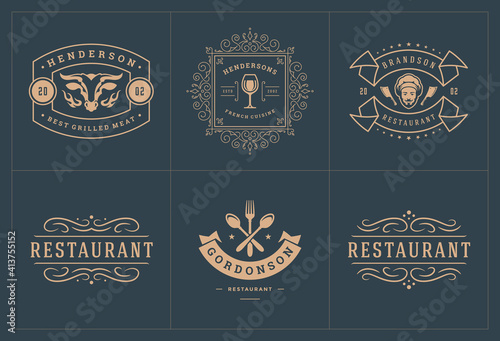 Restaurant logos templates set vector illustration good for menu labels and cafe badges