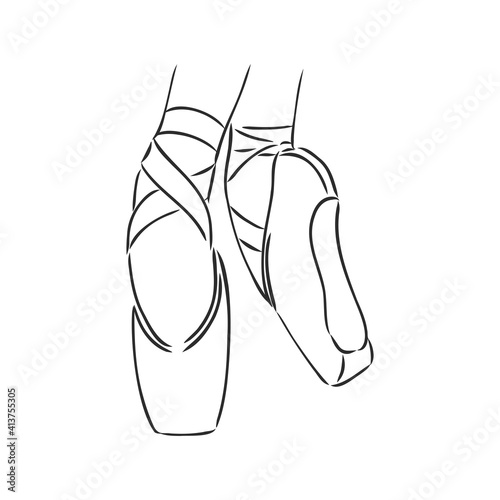 Pointe shoes. Ballet shoes. Vector hand-drawn illustration. Ballet dance studio symbol. pointe shoes, vector sketch on a white background