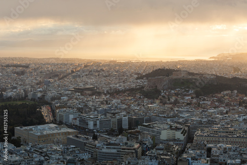 View of Acropolis and Athens from Lycabettus hill at sunset, Greece. photo