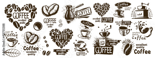 Large vector set of drawn logos and coffee elements