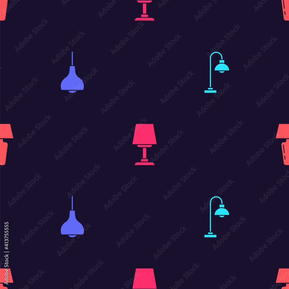 Set Floor lamp, Lamp hanging, Table and on seamless pattern. Vector. Set Floor lamp, Lamp hanging, Table and on seamless pattern. Vector.