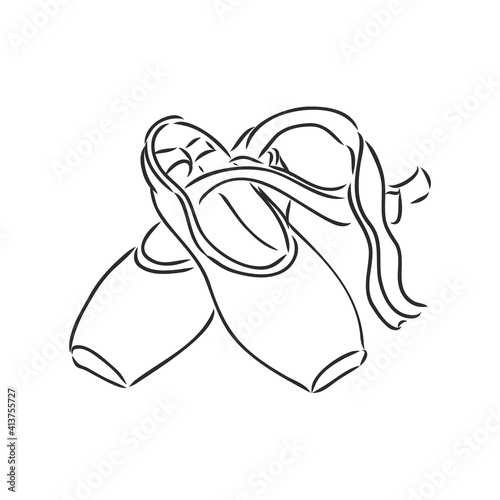 Pointe shoes. Ballet shoes. Vector hand-drawn illustration. Ballet dance studio symbol. pointe shoes, vector sketch on a white background