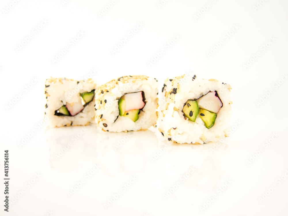 rice sushi with vegetables on white background rice sushi with vegetables on white background