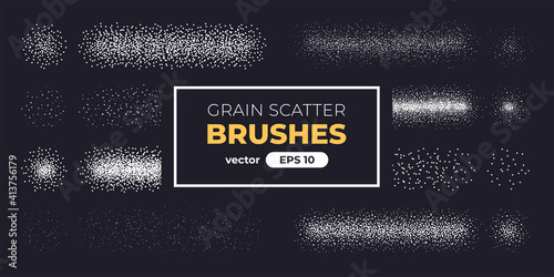 Halftone grain scatter brushes set. Noise vanishing. Grunge texture. Vector illustration eps10. Spray dots. Creative artistic brush collection. Basic kit. Ink paint strokes.